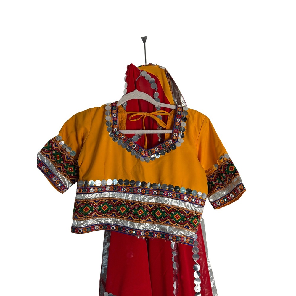 Yellow Red Chaniya Choli Set Mirror Work Embroidery Navratri Garba Lehenga Saree